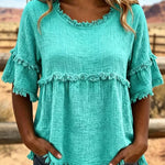 Casual Cotton Blend Fringe Trim Raw Edge Blouse