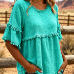 Casual Cotton Blend Fringe Trim Raw Edge Blouse