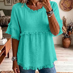Casual Cotton Blend Fringe Trim Raw Edge Blouse