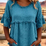Casual Cotton Blend Fringe Trim Raw Edge Blouse