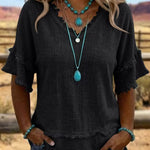 Casual Fringe Trim Raw Edge V-Neck Blouse