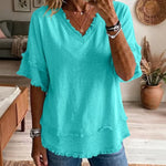 Casual Fringe Trim Raw Edge V-Neck Blouse