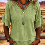 Casual Fringe Trim Raw Edge V-Neck Blouse