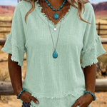 Casual Fringe Trim Raw Edge V-Neck Blouse