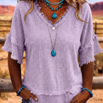 Casual Fringe Trim Raw Edge V-Neck Blouse