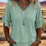 Casual Fringe Trim Raw Edge V-Neck Blouse