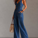 Casual 100% Cotton Denim Wide Leg Jumpsuit