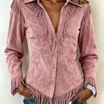 Fringe Trim Faux Suede Western Shirt
