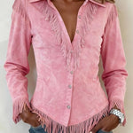Fringe Trim Faux Suede Western Shirt