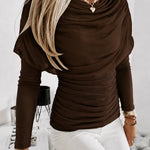 Chic Ruched Cowl Neck Drape Elastic Knit Long Sleeve Blouse