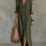 Half Button Down Loose Maxi Shirt Dress
