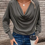 Urban Casual Draped V-neck Long Sleeve Knit Blouse