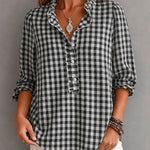 Casual Ruffle Trim Gingham Henley Blouse