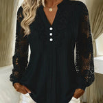 Lace Trim Pleated Notch Neck Blouse