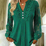 Lace Trim Pleated Notch Neck Blouse