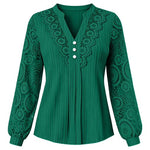 Lace Trim Pleated Notch Neck Blouse