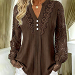 Lace Trim Pleated Notch Neck Blouse