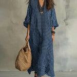 V Neck Batwing Sleeve Plaid Oversized Maxi Dress
