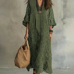 V Neck Batwing Sleeve Plaid Oversized Maxi Dress