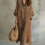 V Neck Batwing Sleeve Plaid Oversized Maxi Dress