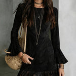 Faux Suede Fringe Mini Dress with Flare Sleeves