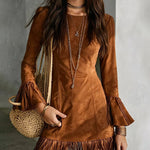 Faux Suede Fringe Mini Dress with Flare Sleeves