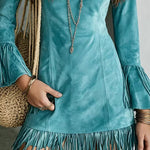 Faux Suede Fringe Mini Dress with Flare Sleeves