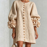 Faux Linen Mini Dress with 3D Floral Buttons & Puff Sleeves