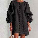 Faux Linen Mini Dress with 3D Floral Buttons & Puff Sleeves