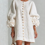 Faux Linen Mini Dress with 3D Floral Buttons & Puff Sleeves