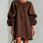 Faux Linen Mini Dress with 3D Floral Buttons & Puff Sleeves