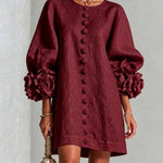 Faux Linen Mini Dress with 3D Floral Buttons & Puff Sleeves