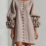 Faux Linen Mini Dress with 3D Floral Buttons & Puff Sleeves
