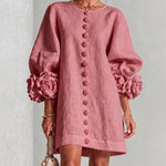 Faux Linen Mini Dress with 3D Floral Buttons & Puff Sleeves
