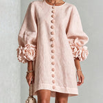 Faux Linen Mini Dress with 3D Floral Buttons & Puff Sleeves