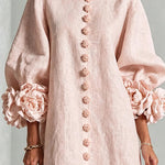 Faux Linen Mini Dress with 3D Floral Buttons & Puff Sleeves