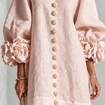 Faux Linen Mini Dress with 3D Floral Buttons & Puff Sleeves
