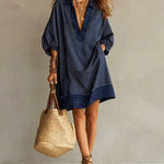 Leopard Trim Deep V Neck Loose Striped Mini Dress