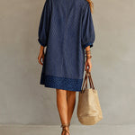 Leopard Trim Deep V Neck Loose Striped Mini Dress