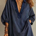Leopard Trim Deep V Neck Loose Striped Mini Dress