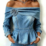 Off Shoulder Denim Peplum Top with 3D Rose