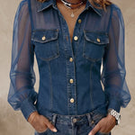 Denim Shirt with Sheer Mesh Puff Sleeves