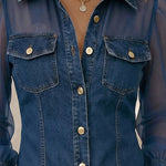 Denim Shirt with Sheer Mesh Puff Sleeves