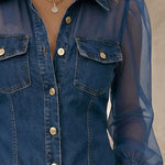 Denim Shirt with Sheer Mesh Puff Sleeves