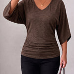 Versatile V-neck Batwing Sleeves Elastic Knit Top