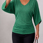 Versatile V-neck Batwing Sleeves Elastic Knit Top