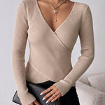 Colorblock Surplice Deep V Neck Ribbed Knit Top