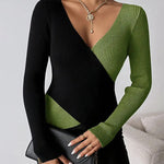 Colorblock Surplice Deep V Neck Ribbed Knit Top