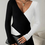 Colorblock Surplice Deep V Neck Ribbed Knit Top