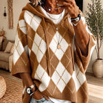 Hooded Argyle Batwing Sleeve Chunky Knit Sweater